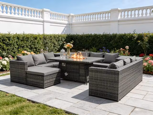 Fimous 10 Seater Rattan Outdoor Furniture Set with Gas Fire Pit Table and Stools in Dark Grey – 3