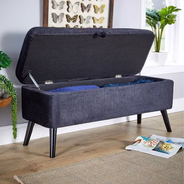Home Source Carson Velvet Ottoman Storage Box with Legs, Black