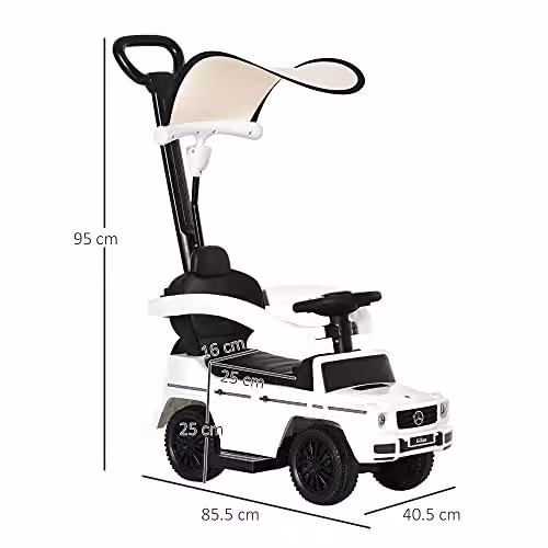 HOMCOM 3 in 1 Mercedes Licensed Kids Ride on Push Car with Canopy, White, W/D/H: 85.5 x 40.5 x 40.5 cm – 6