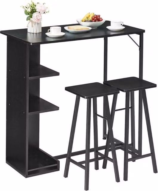 VOGREX 3-Piece Modern Dining Table Set with 2 Stools and Storage Shelves in Black