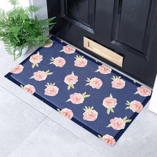 Artsy Mats Navy and Pink Floral Roses Indoor and Outdoor Doormat, W: 70 cm, D: 40 cm