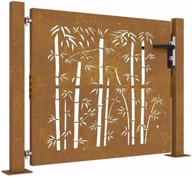 Berkfield Home Garden Gate in Brown Corten Steel with Bamboo Design, W: 105 cm, H: 80 cm – 1