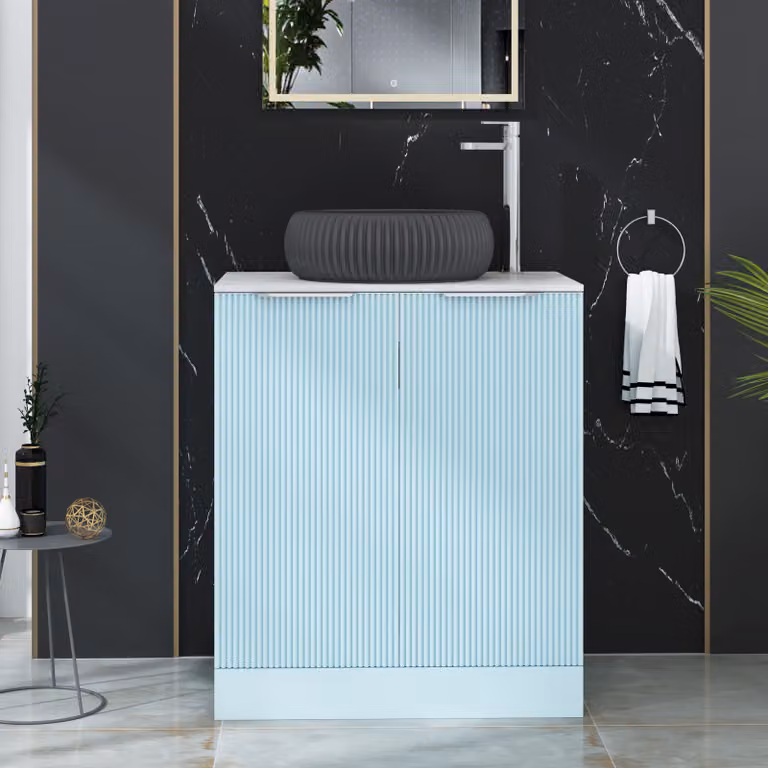Royal Bathrooms Evora Powder Blue Fluted Floor Standing Countertop Vanity Unit with Milan Black Basin and 2 Soft Close Doors