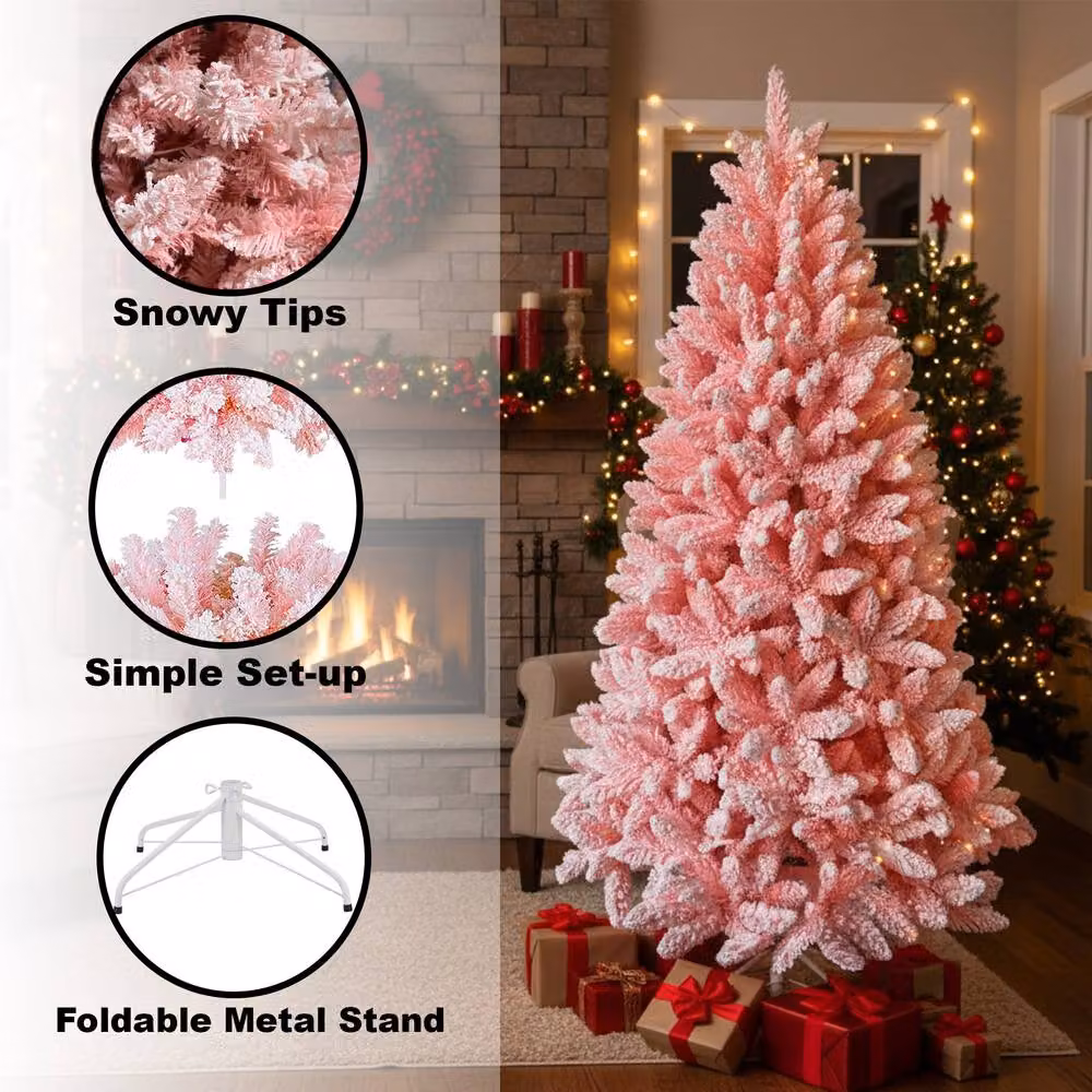 Shatchi Pink Flocked Christmas Tree with Snow Effect Branch Tips – 5