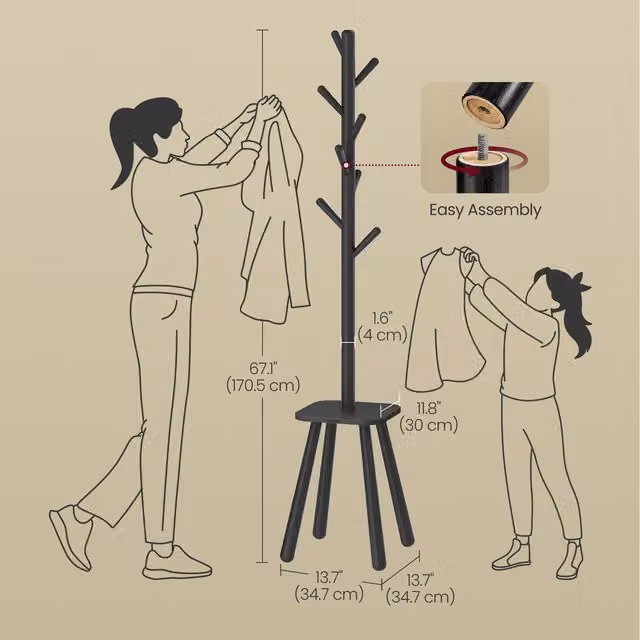 VASAGLE Black Minimalist Free Standing Hall Tree Coat Rack with 8 Hooks, H 170.5 x W 34.7 x D 10 cm