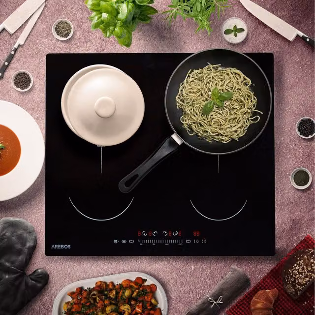 AREBOS Black 4-Zone Induction Glass Ceramic Electric Hob with Child Lock and Timer