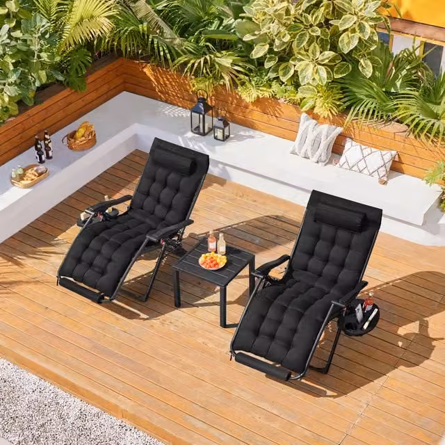Yaheetech Black Foldable Lounge Chair with Adjustable Headrest and Armrests