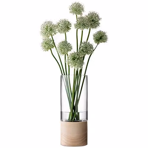 LSA International Lotta Vase in Clear Glass with Ash Wood Base, H36 x W22 x D14.224 cm