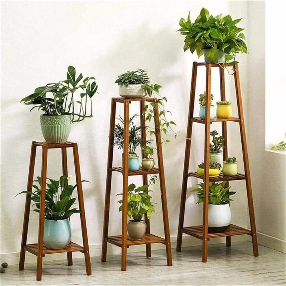 NESTLUNE 4 Tiered Mid Century Bamboo Corner Indoor Plant Stand, Brown, W/D/H: 100 x 100 x 116.5 cm – 3