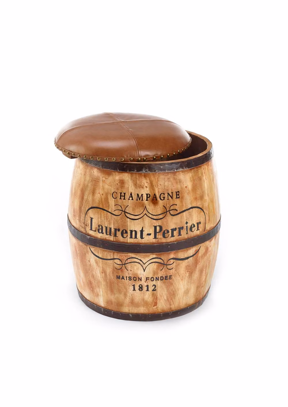 Elm Home And Garden Laurent Perrier Whiskey Barrel Stool with Brown Leather Top – 3