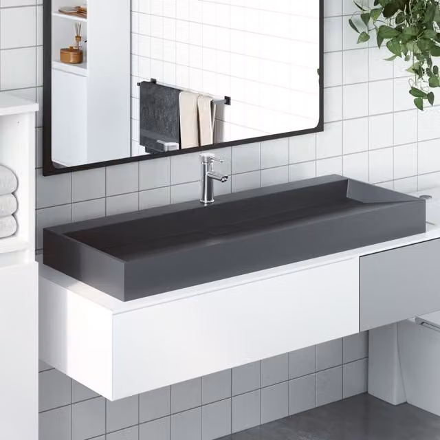 Berkfield Home Rectangular Mineral Cast Countertop Wash Basin in Anthracite Black, W/D/H: 120 x 46 x 11 cm – 1
