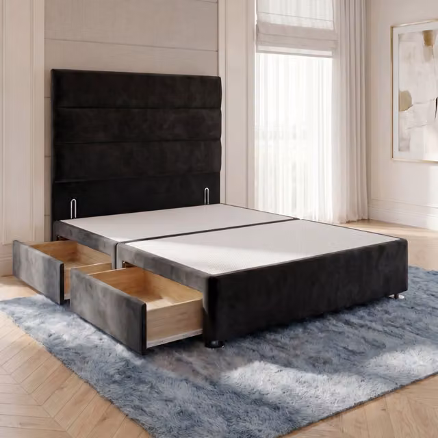 Horizona Black Velvet Divan Bed Base with 54 inch Floor Standing Headboard and 2 Drawers, W/D/H: 90 x 190 x 34.5 cm