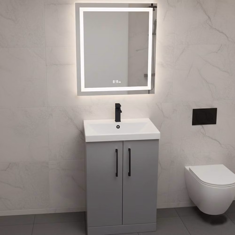 Balterley Modern Bathroom Vanity Unit with Basin and 2 Soft Close Doors, Satin Grey, Width: 60 cm – 2