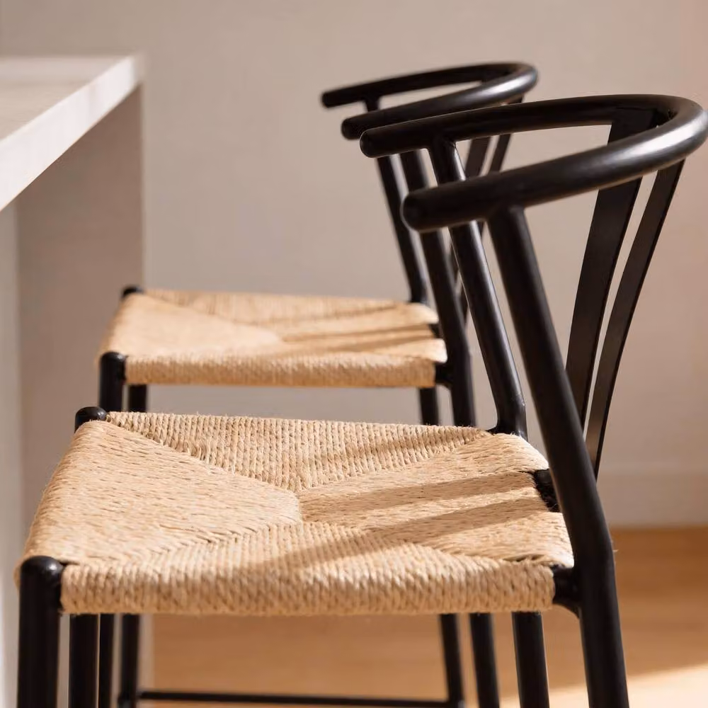 Home Source Eira Pair of Black Metal Bar Stools with Natural Woven Seats – 2