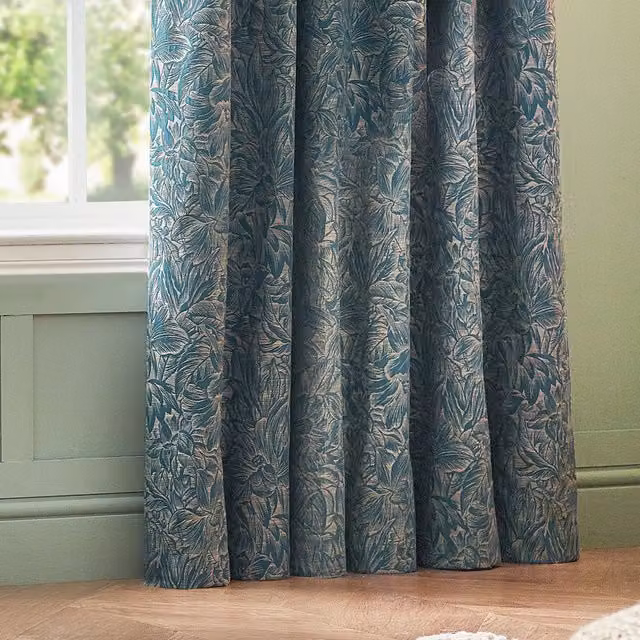 Grantley Set of 2 Wedgewood Blue Floral Jacquard Eyelet Curtains, Width: 137 cm, Height: 117 cm