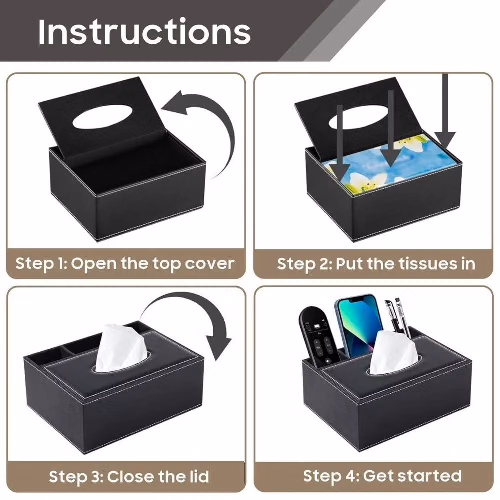 FLAVORA Rectangular PU Leather Tissue Box Cover Holder in Black, W: 16 cm, D: 9 cm, H: 16 cm – 5