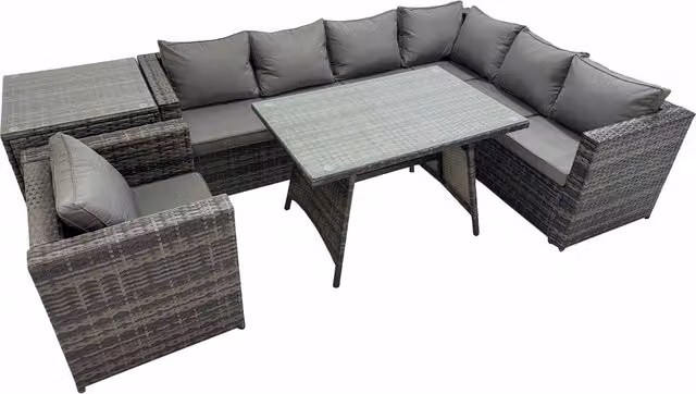 Fimous 7-Seater Rattan Garden Furniture Set in Dark Grey with Glass Tabletop