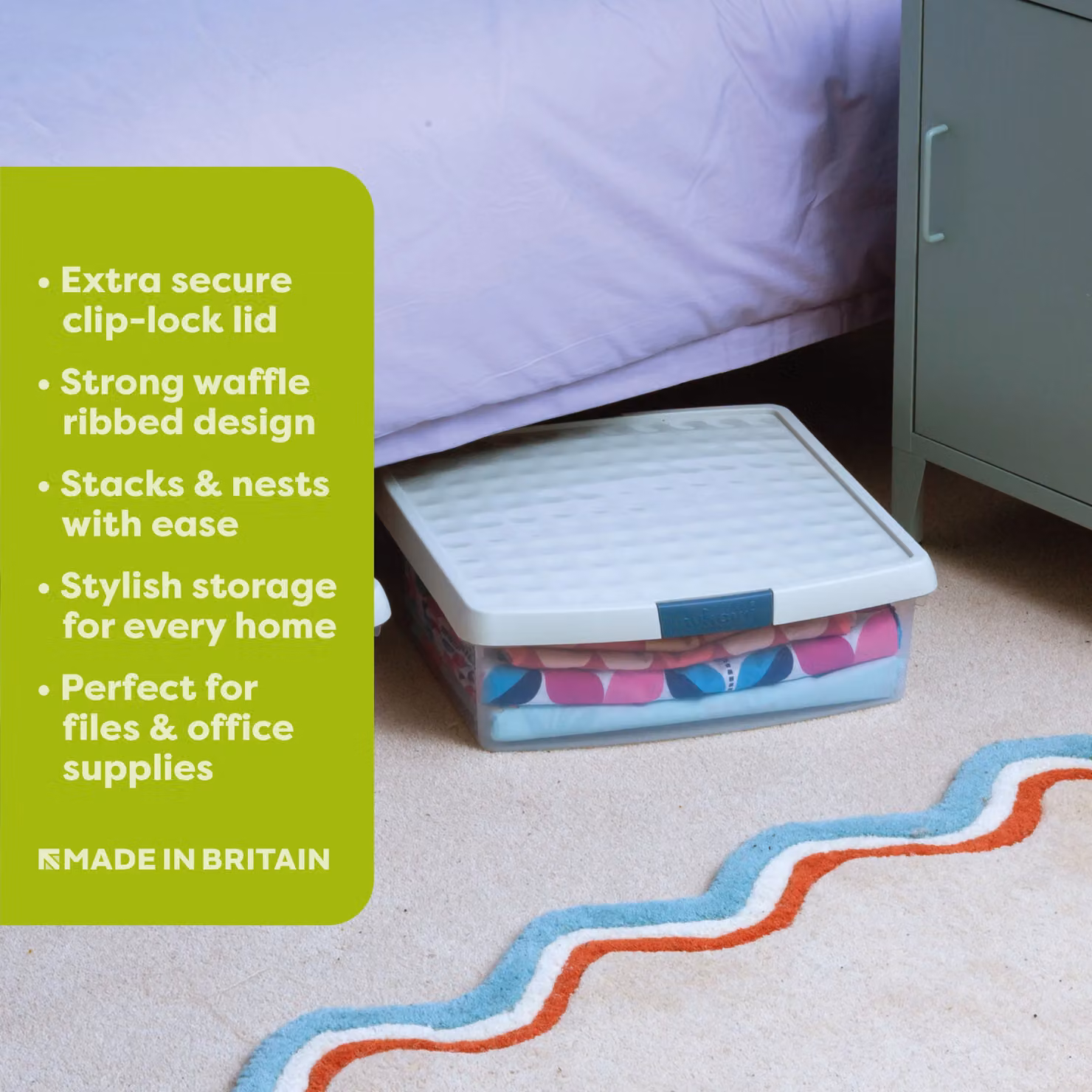Wham Set of 3 Stackable 13.2L Square Plastic Storage Boxes with Clip Lock Lids in Stone and Transparent – 2