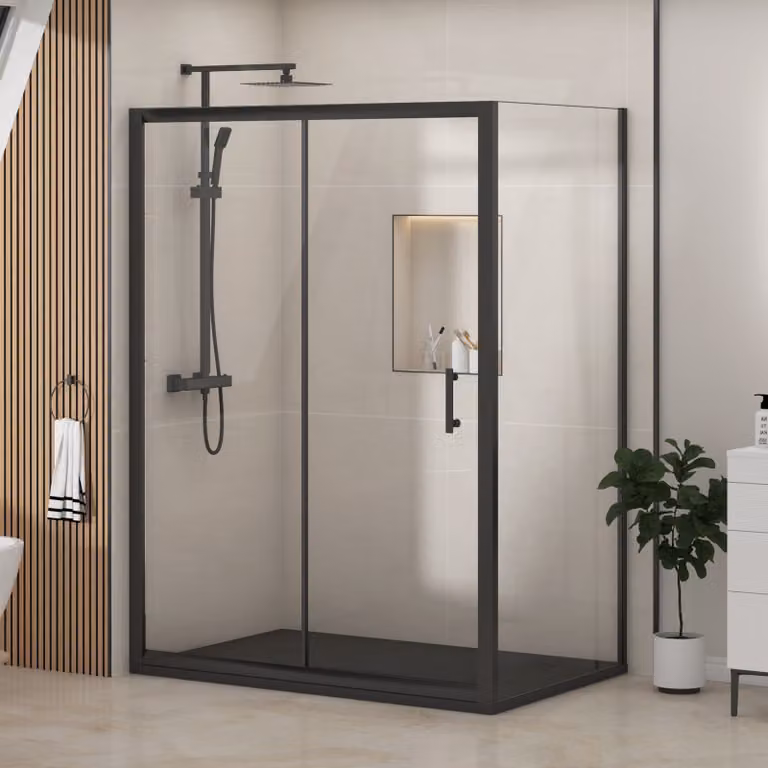 Royal Bathrooms Milan Sliding Door Shower Enclosure with Side Panel and Black Slate Effect Stone Tray, Matt Black, W: 120 cm, D: 90 cm, H: 185 cm, 6mm Glass