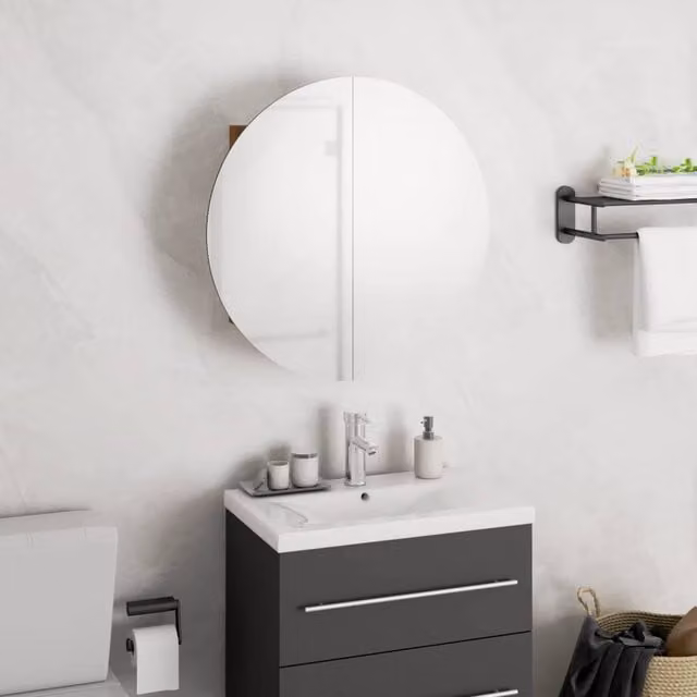 Berkfield Home Oak Bathroom Cabinet with Round LED Mirror in Brown, W/D/H: 40 x 40 x 17.5 cm – 1