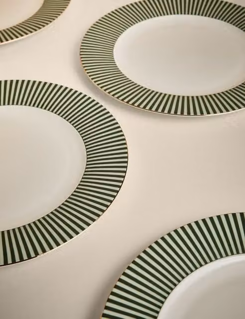 M&S Set of 4 Green Striped Bone China Adult Dinner Plates