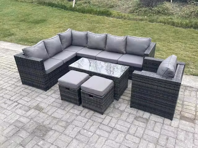 Fimous 9 Seater Rattan Corner Sofa Lounge Set with Rectangular Coffee Table and 2 Stools, Left Hand, Dark Grey
