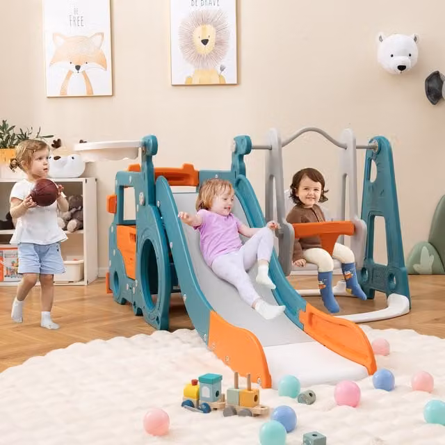 COSTWAY 5-in-1 Kids Slide and Swing Set in Orange