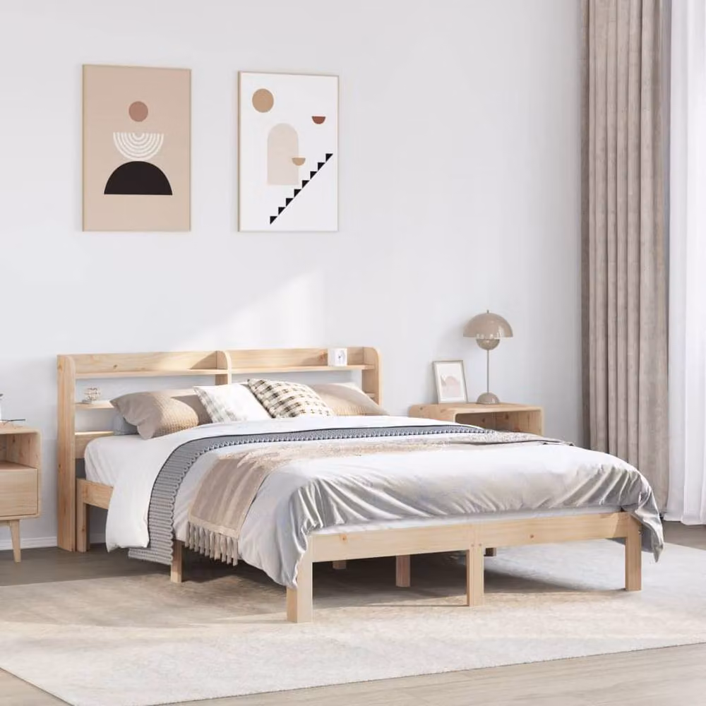 Berkfield Home King Size Solid Pine Bed Frame with Headboard and Side Compartments in Natural – 1