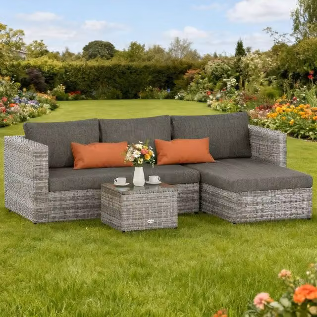 ERGOVEXA 3 Piece Grey L-Shape Outdoor Rattan Sofa Set with Upholstered Cushions and Coffee Table
