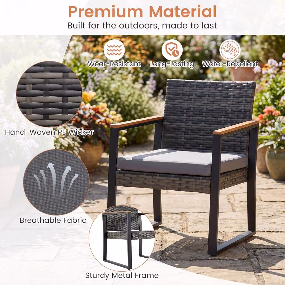 Costway 3-Piece Grey PE Wicker Patio Conversation Set with Cushions and Side Table – 6