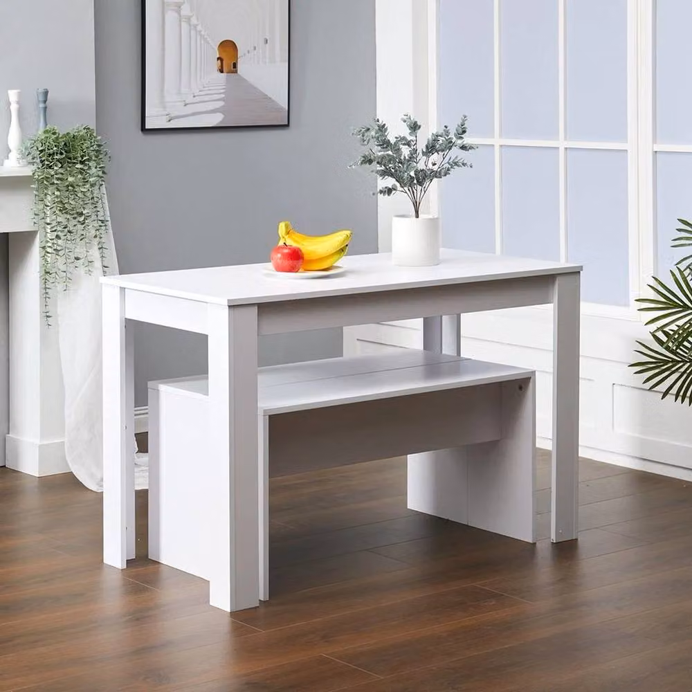 Kelvenix White Wooden Rectangular Dining Table and 2 Benches Set – 2
