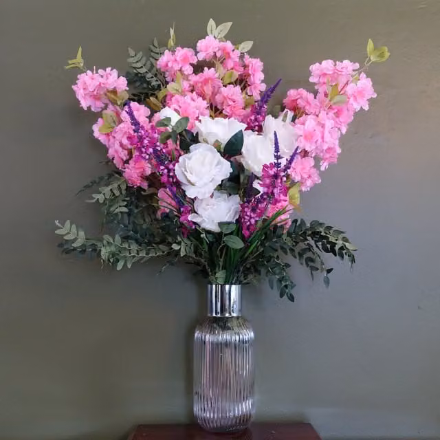 Pink Blossom White Rose Arrangement in a Round Glass Vase