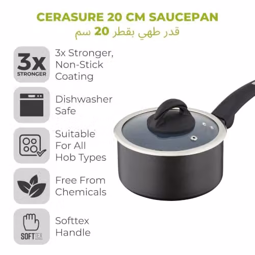 Tower Cerasure 20cm Saucepan with Ceramic Non-Stick Coating and Glass Lid, Grey – 2