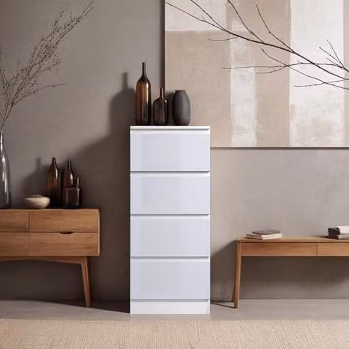 FWStyle White Gloss 4 Drawer Chest of Drawers H 99 cm x W 40 cm x D 40 cm – 4