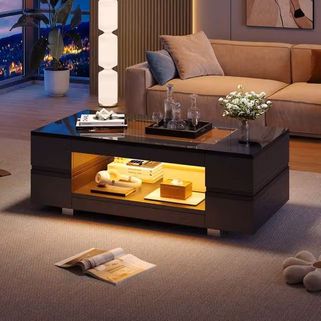BTM Modern High Gloss Coffee Table with LED Glass Top and Open Storage, Black, W/D/H: 100 x 50 x 35 cm