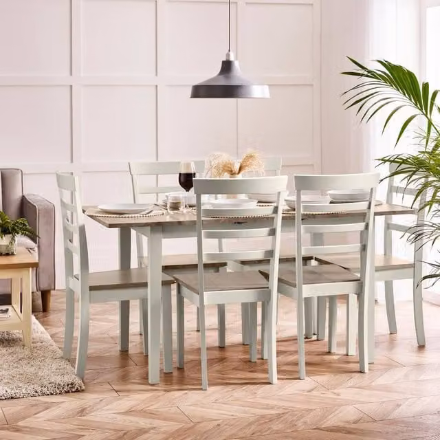 FurnitureboxUK Salcombe Extending Light Grey Rubberwood Dining Table and 6 Whitby Dining Chairs