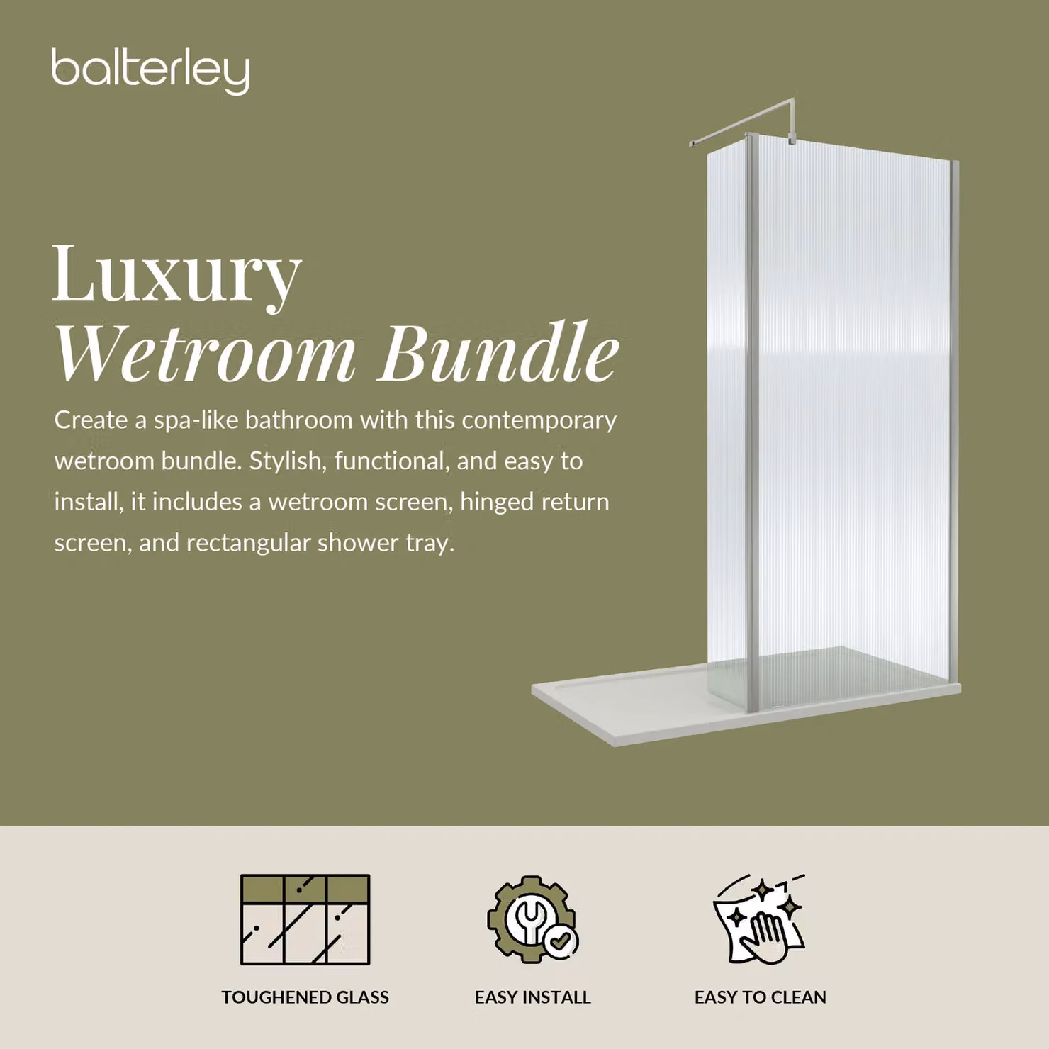 Balterley 8mm Fluted Glass Walk-in Wetroom Screen with Return and Tray, Silver, W: 1400 mm, D: 900 mm – 2