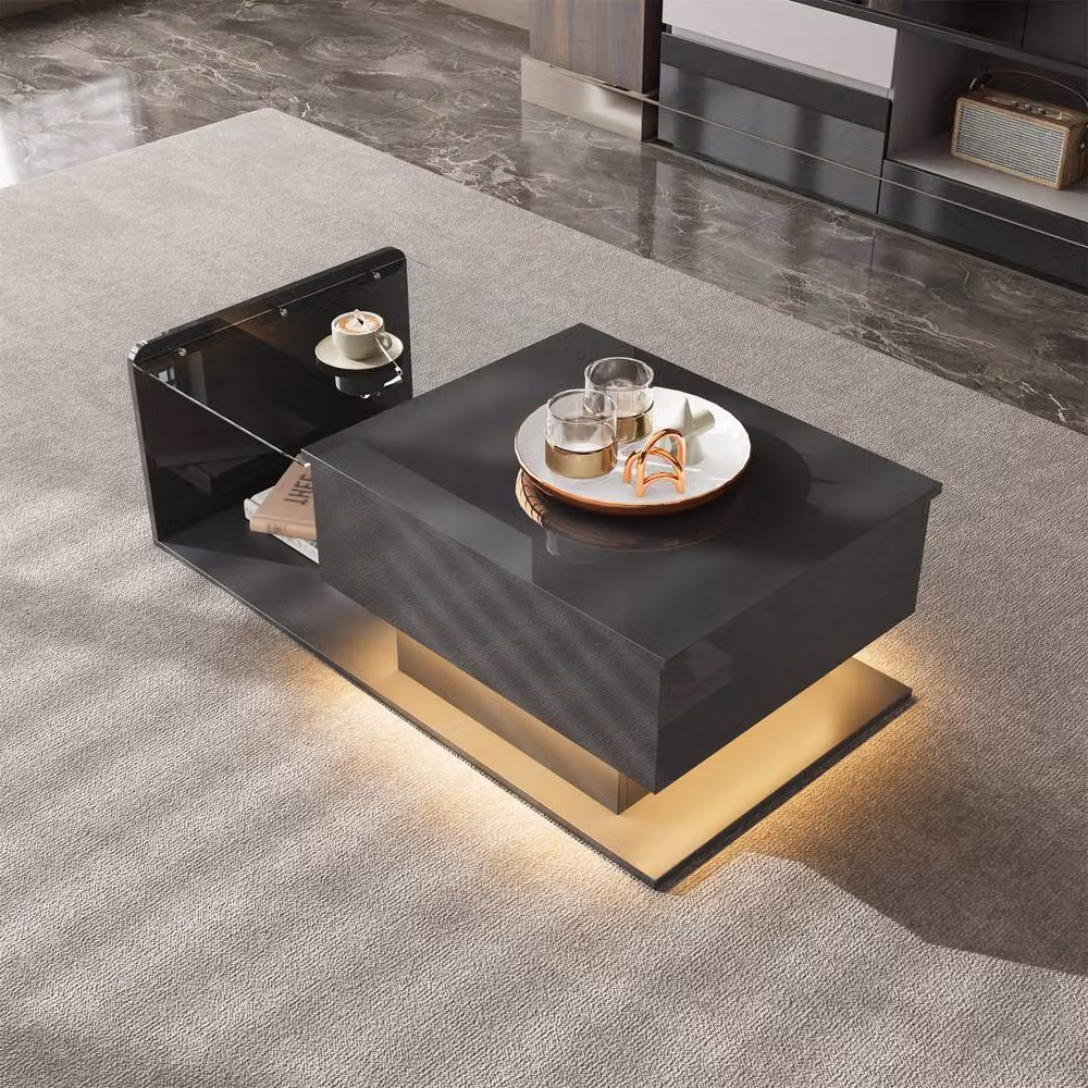 Merax Modern High-Gloss Lift-Top Coffee Table with LED in Black, W/D/H: 100 x 50 x 47.5 cm – 4