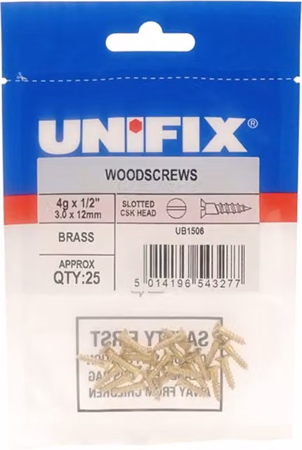 Unifix Brass Woodscrews with Slotted Countersunk Head, Grey, 3.0 x 12mm, Box of 125