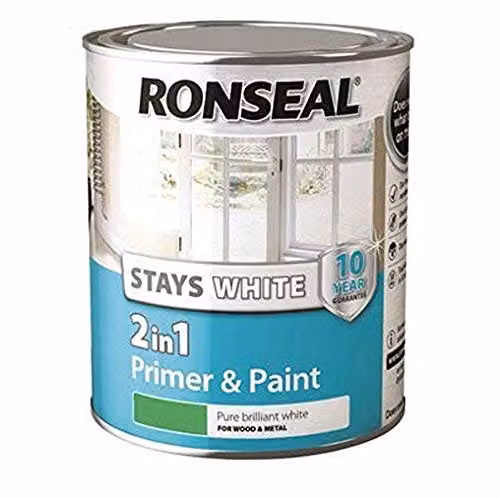Ronseal Stay 2-in-1 Gloss Wood Paint, White, 750 ml