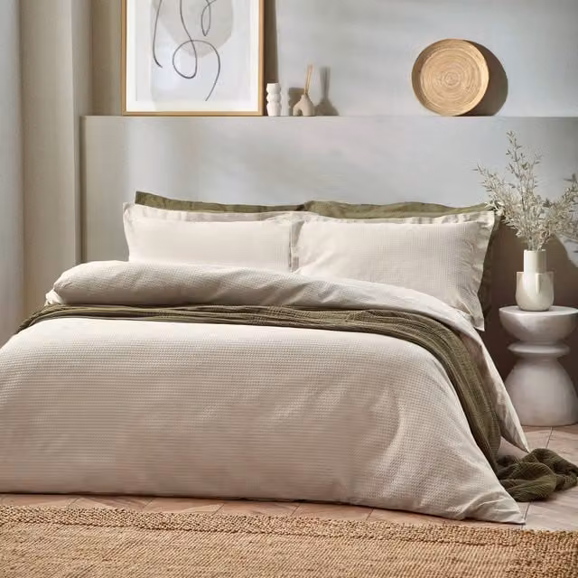 Terrys Beige Waffle Textured Cotton Jacquard Duvet Cover Bedding Set