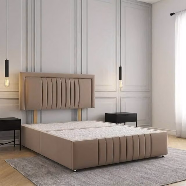Regional Furnishings Plush Velvet Upholstered Divan Bed Base with 24 inch Headboard and Footboard in Bronze, Super King, W/D/H: 200 x 200 cm
