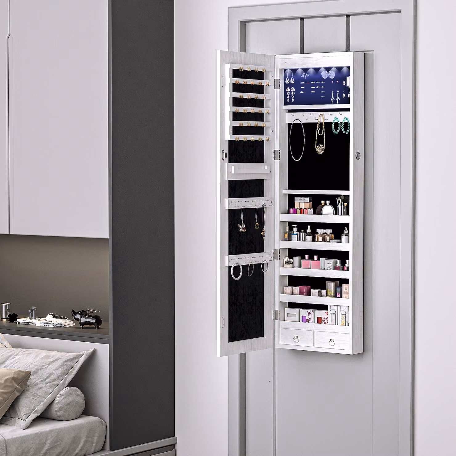 HOMCOM White Mirrored Jewellery Cabinet with LED Lights, Lockable Wall or Door Mounted Organiser – 2