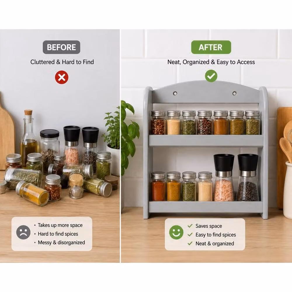 FORGEVIO 2 Tier Grey Wooden Spice Rack Kitchen Countertop Storage – 4