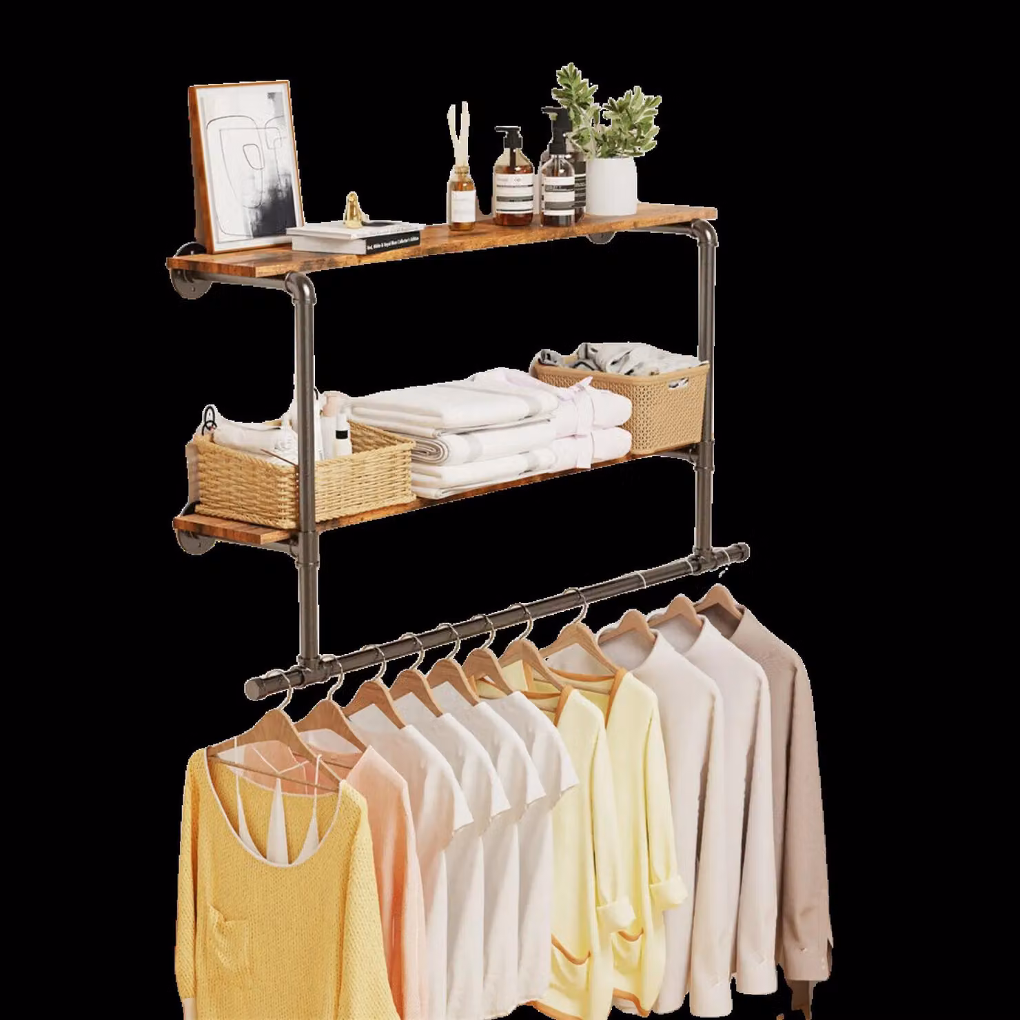 FURNOS Industrial Wall-Mounted Metal and Wood Clothes Hanging Rail in Brown and Black – 2