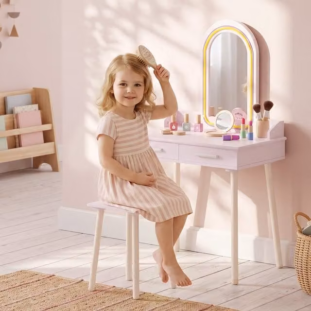 AIYAPLAY Kids Dressing Table with Stool and 3-Colour LED Lights Mirror in Pink
