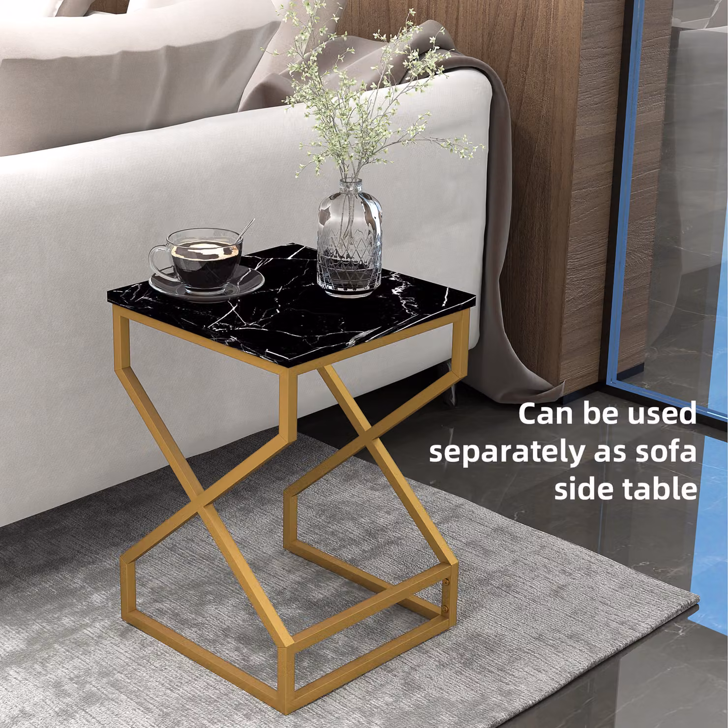 HOMCOM Set of Two Modern Square Nesting Tables with Marble-Effect Glossy Tops and Gold Metal X-Frame – 5