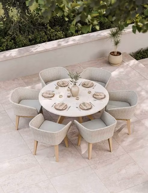 Royalcraft Astral 6 Seater Round Garden Table and Chairs Set in Natural Mix Acacia Wood and Concrete