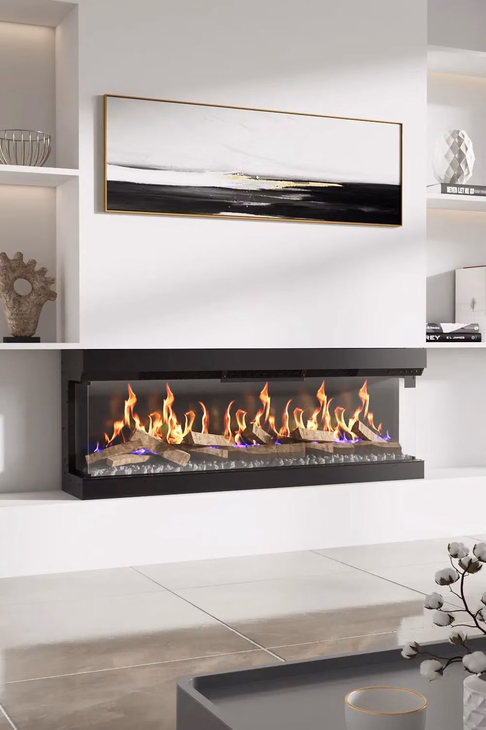 H&O Direct 60 inch 3-Sided Black Electric Fireplace with WiFi and App Control – 2