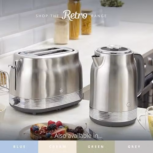 Swan Retro Kitchen Set in Silver Stainless Steel featuring 1.7L Rapid Boil Kettle and 2 Slice Toaster – 3